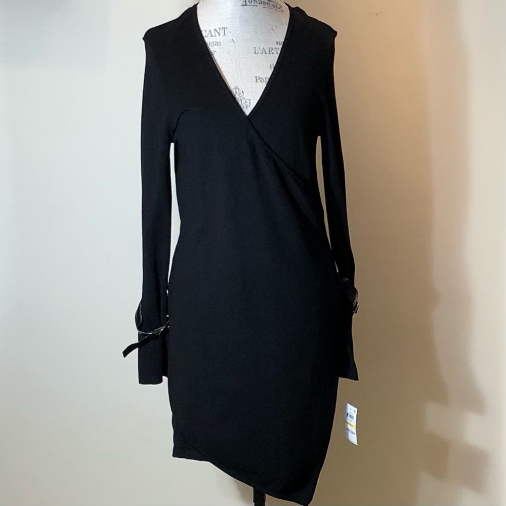 INC Black Asymmetrical Sweater Dress V-Neck  Sz M